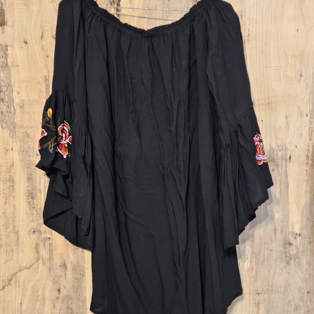 Feathers Black Mini Dress with Red Floral Embroidery